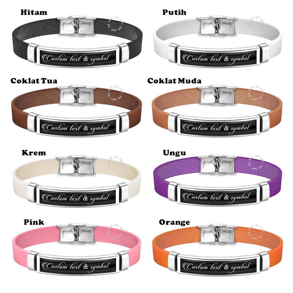 GELANG KULIT CUSTOM TULISAN SIMBOL ANGKA NAMA TANGGAL MODEL SABUK STRAP KULIT PLAT STAINLESS STEEL COUPLE PASANGAN