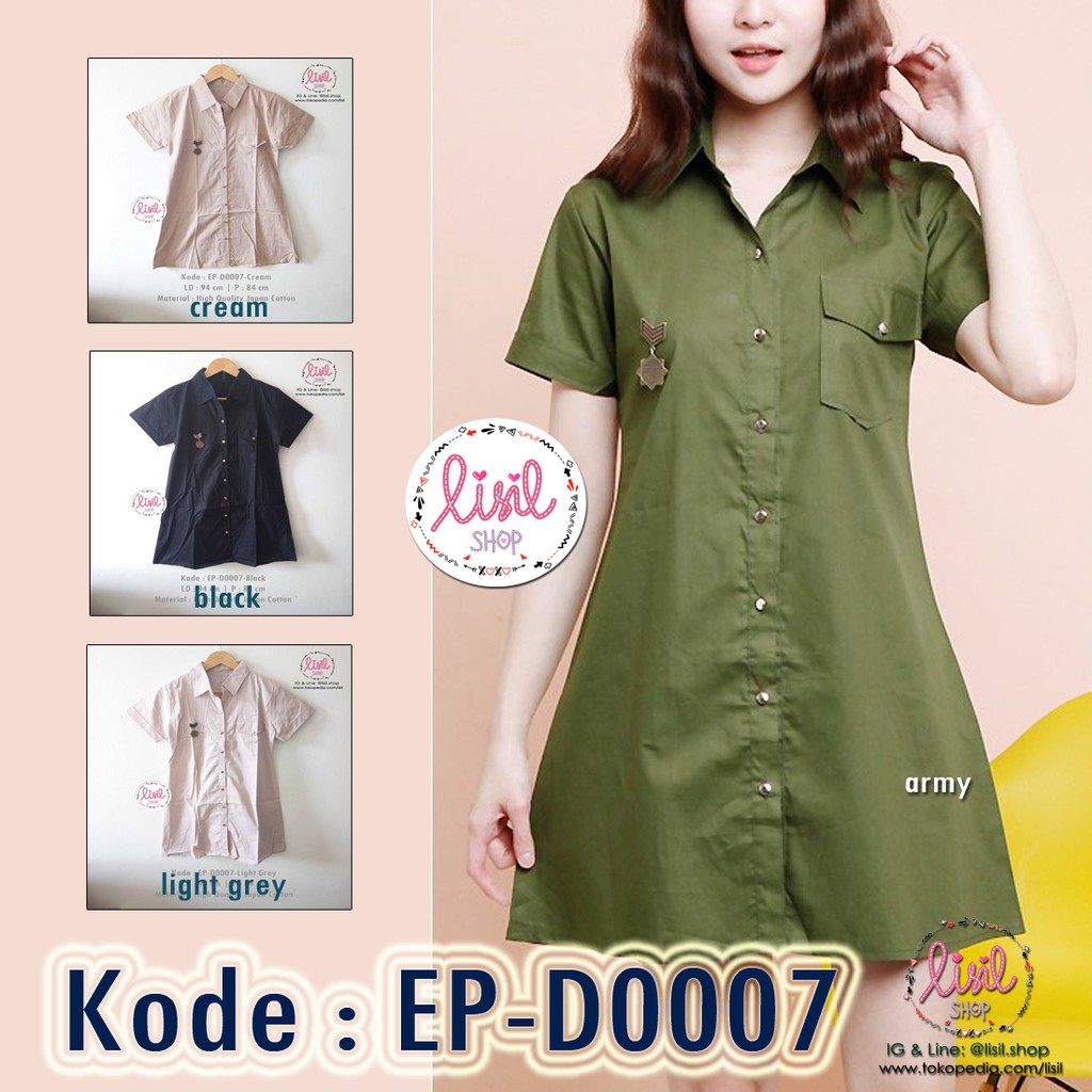 MIDI DRESS WANITA Collar Dress Cewek Army DRESS KERAH MILITARY Casual Dress  Katun Jepang