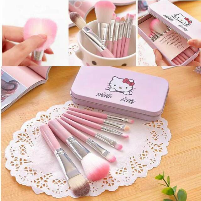 Set 7 Kuas Bulu Makeup Paket Hello Kitty Pink dan Hitam Brush Make Up Kosmetik Lengkap Kotak HK Pink