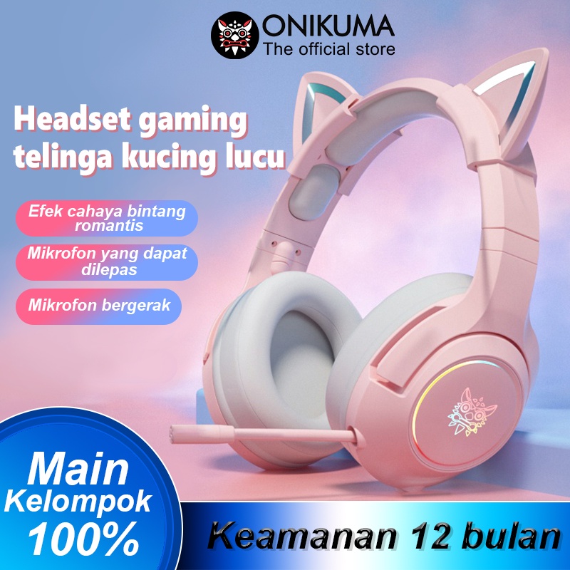 Onikuma K9 Pink Cat Ear Perempuan Headset Gaming dengan Mikrofon Pencahayaan RGB Cocok untuk Komputer Seluler Head-mount Subwoofer Headphone Kabel