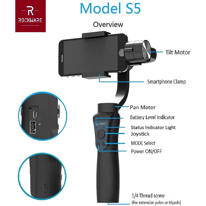 ROCKWARE RW-S5 - 3-Axis Handheld Stabilizer - Gimbal Smartphone