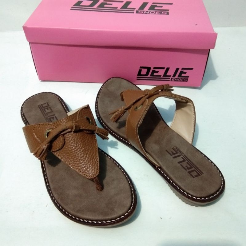 Sandal wanita kulit asli terbaru model jepit cokelat