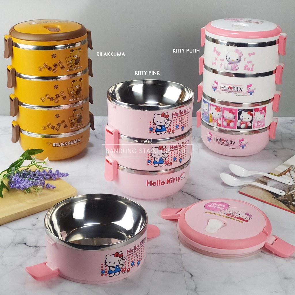 Rantang lucu 4 susun stainless steel lunch box karakter riilakuma Doraemon Hello kitty