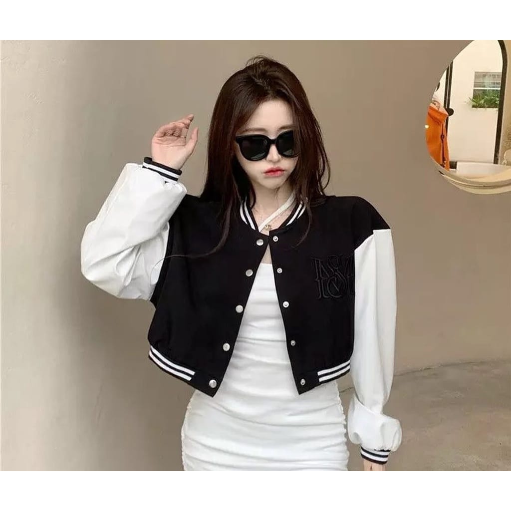 COD Jaket Baseball Crop | Korean Style Varsity | Pakaian Wanita | Jaket Wanita | Bahan Fleece | Allsize