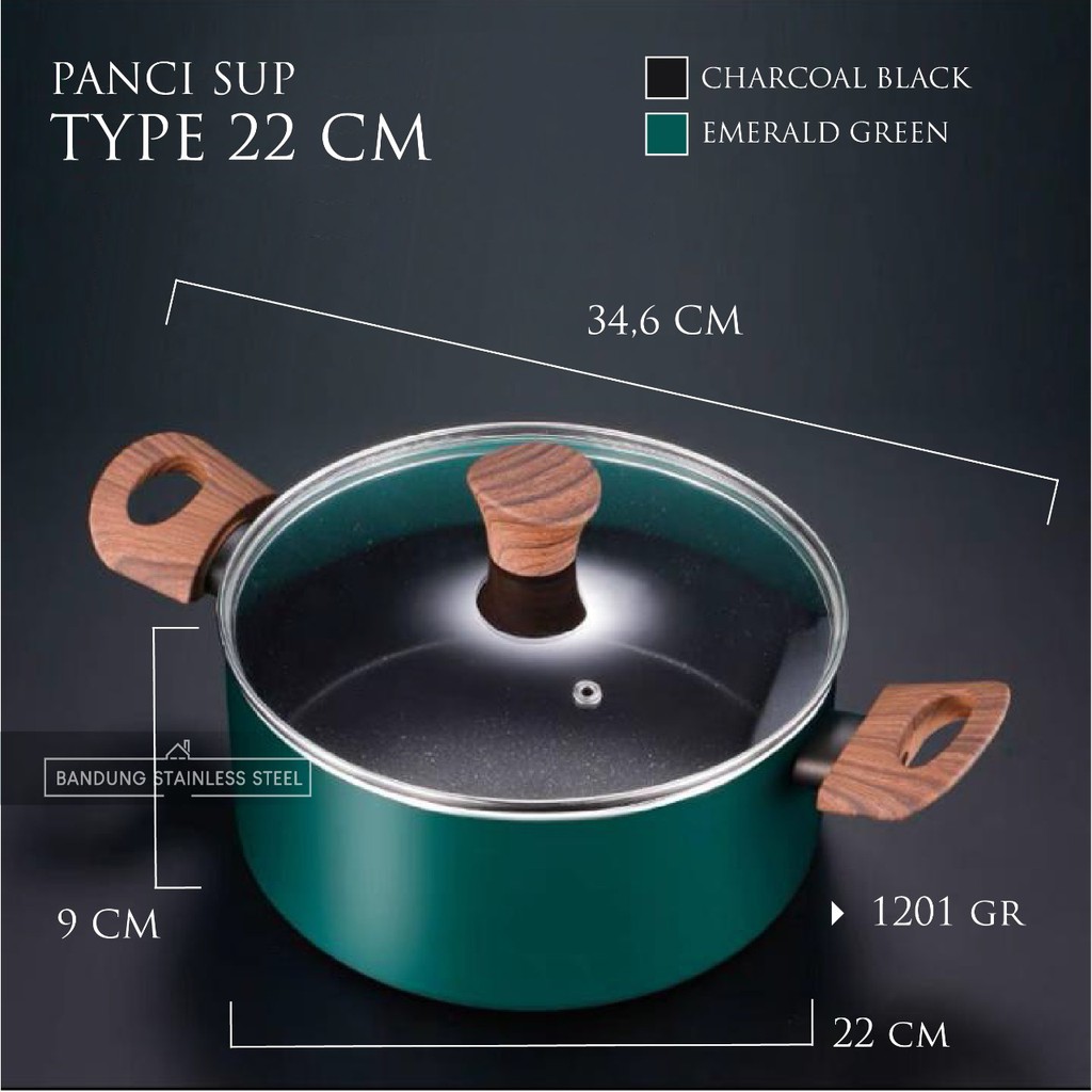 PANCI SUP SOUP MEDICAL STONE 22CM 24CM ANTI LENGKET TEBAL HITAM HIJAU NON-STICK TUTUP KACA