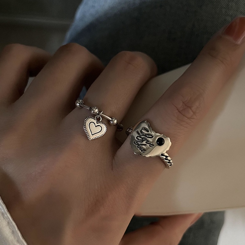 Set Cincin Silver Desain Hati Tulisan Love You Untuk Wanita