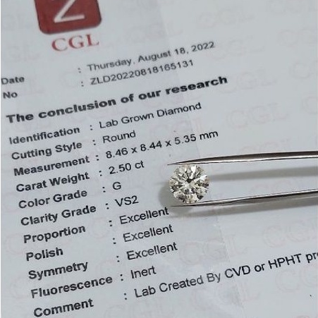 Berlian Eropa 2.5crt G VS2 Asli 100%. Lab grown Diamond CVD / HPHT. Sertifikat CGL, GIA Grading