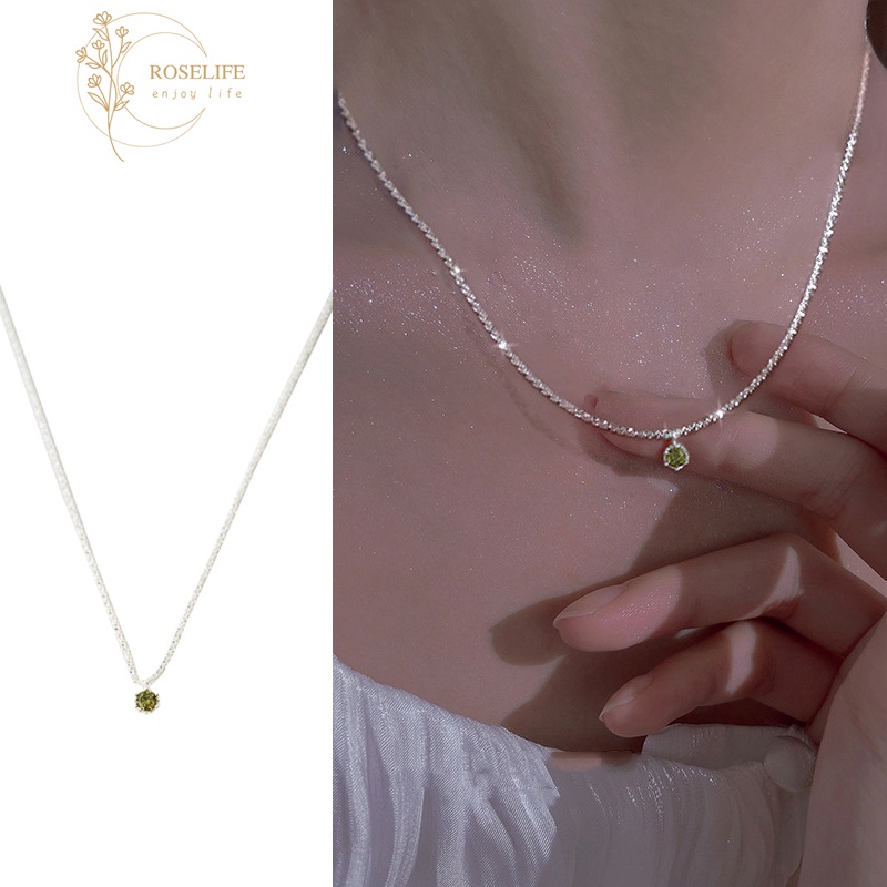 Roselife Kalung Rantai Sterling Silver 925 Dengan Liontin Batu Emerald Vintage Klasik Untuk Wanita