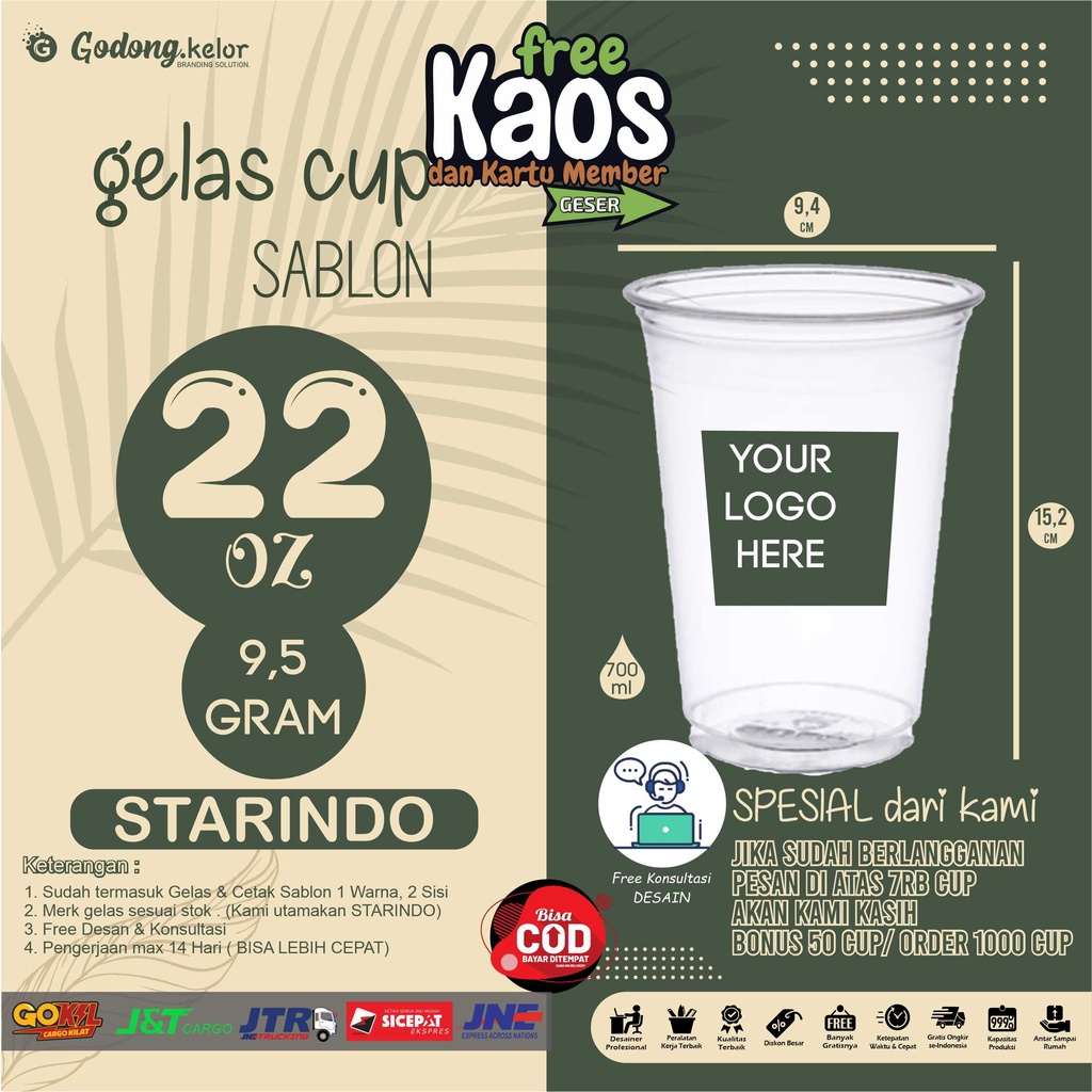 Sablon Gelas Cup Plastik Hokaku 22 oz 8 gram / Sablon Gelas Kopi Thai Tea Boba Milk Shake Teh