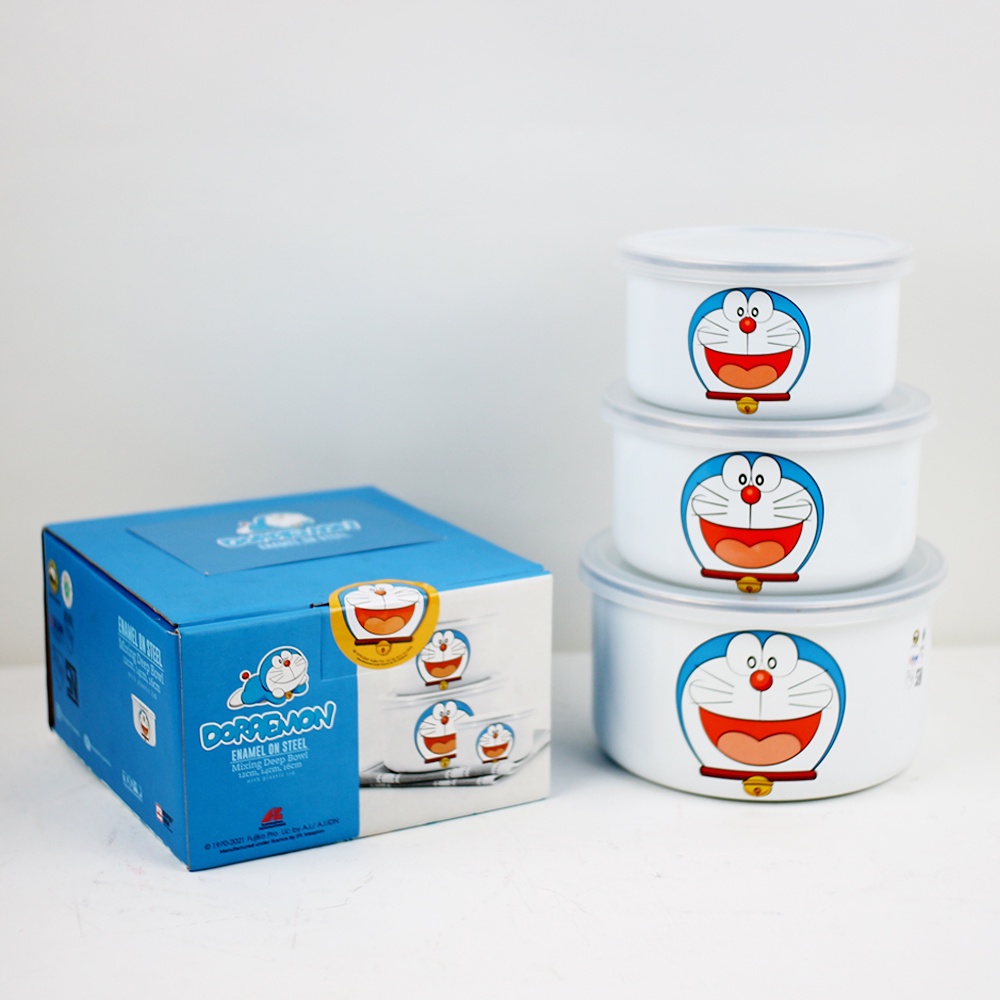 Maspion Mangkok set Motif Doraemon Mixing Deep Bowl set isi 3 pcs gambar Doraemon Mangkuk Enamel anti lengket FREE Tutup