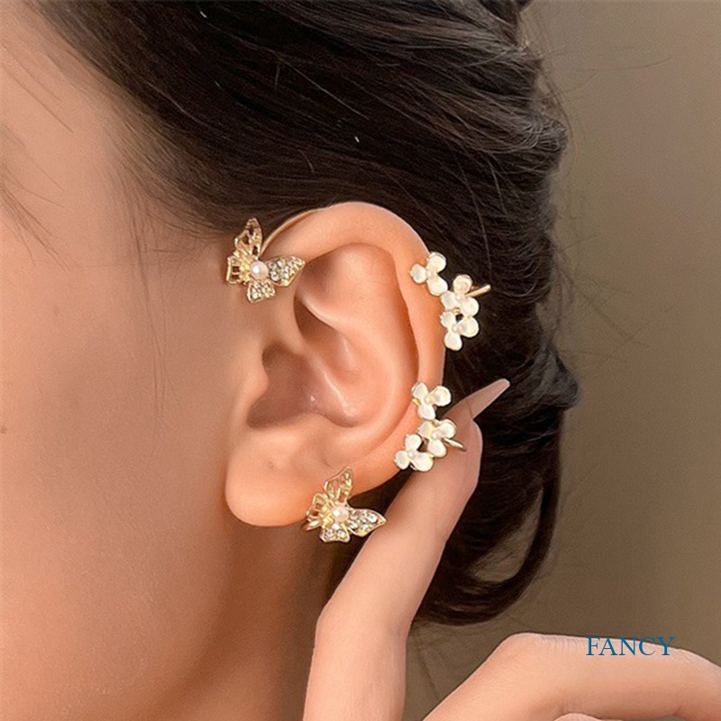 1pc Anting Klip Telinga Kiri Tanpa Tindik Desain Kupu-Kupu Putih Bunga Mutiara Berlian Imitasi Untuk Wanita
