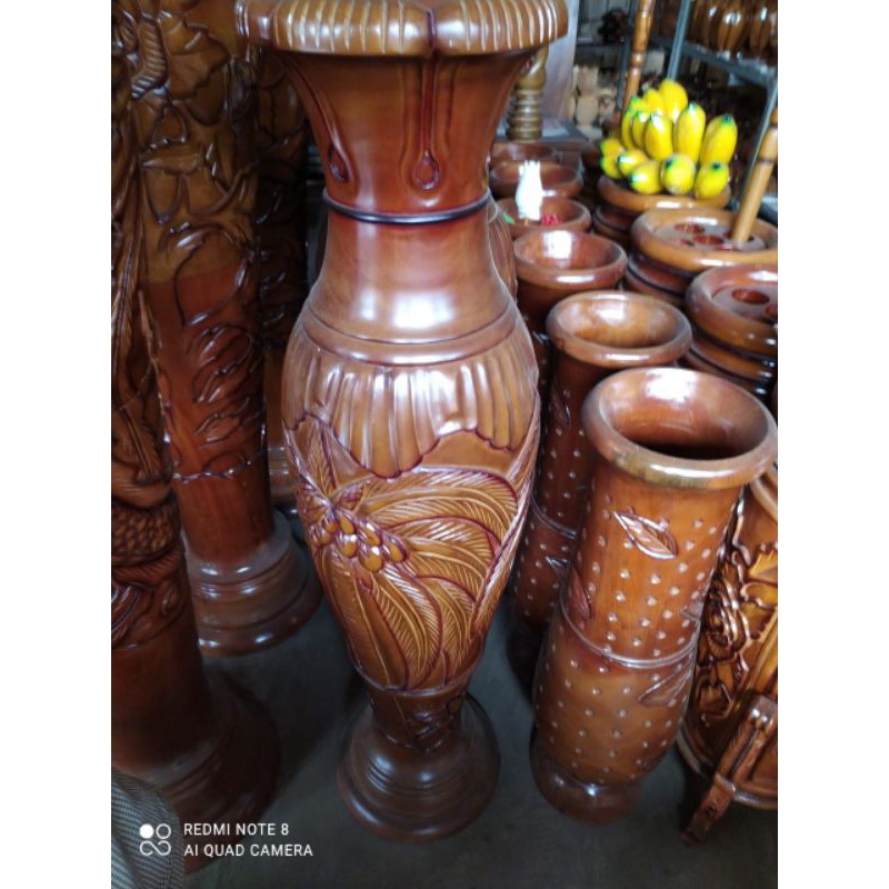 Vas Bunga Ukir Kayu Jati Hiasan Furniture Jepara