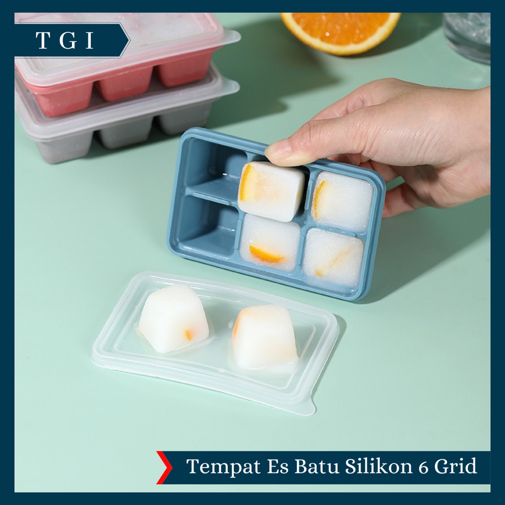 TGI - CETAKAN ES BATU SILIKON 6 GRID | ICE CUBE MAKER 6 GRID | CETAKAN ES BATU 6 SEKAT BAHAN SILIKON FOOD GRADE DENGAN TUTUP CETAKAN ES BATU SILIKON MINI 6 LUBANG