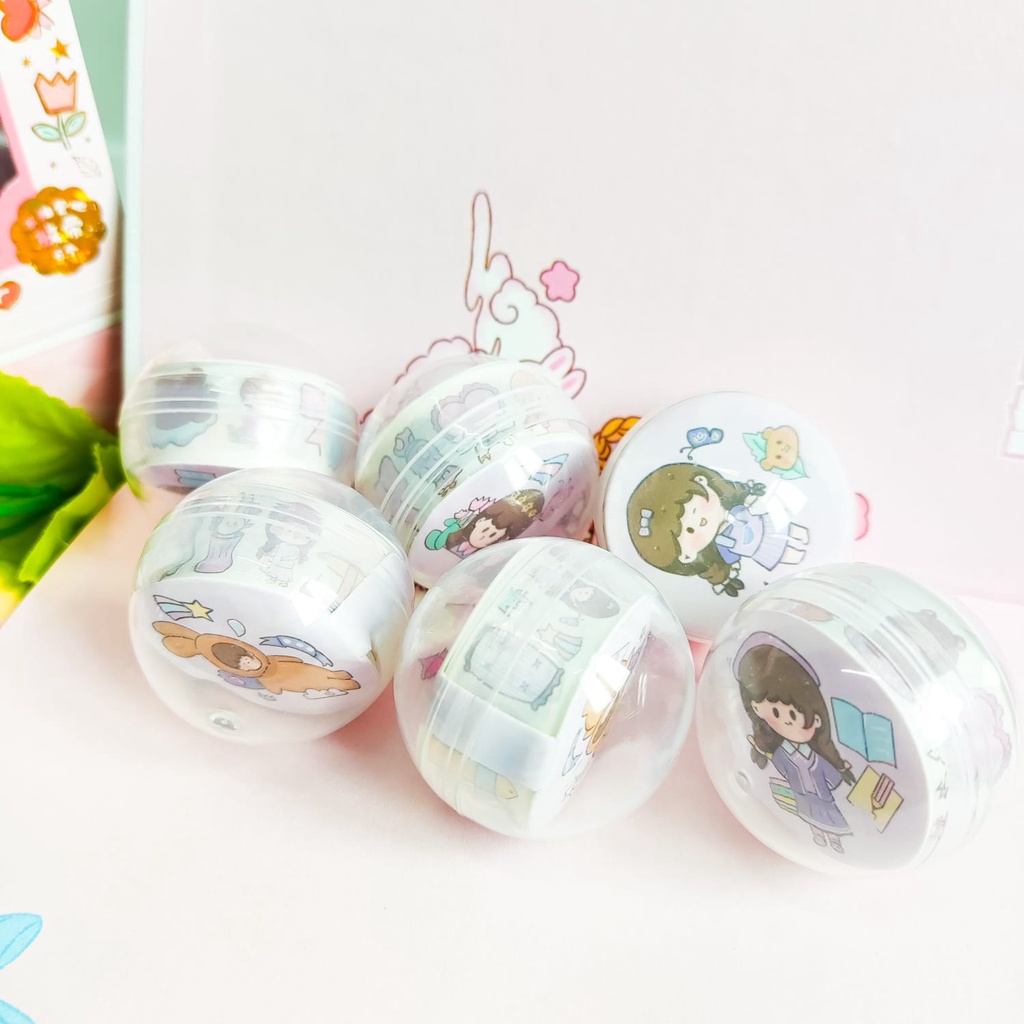 Washi Tape didalam bola Isi 6 Pcs SZ-63 Set Daily Manual Cute Pattern Decorative Tape Sticker Gift Box vending machine