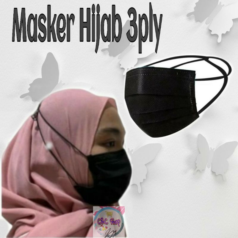Masker hijab medis 3ply hitam isi 50 pcs