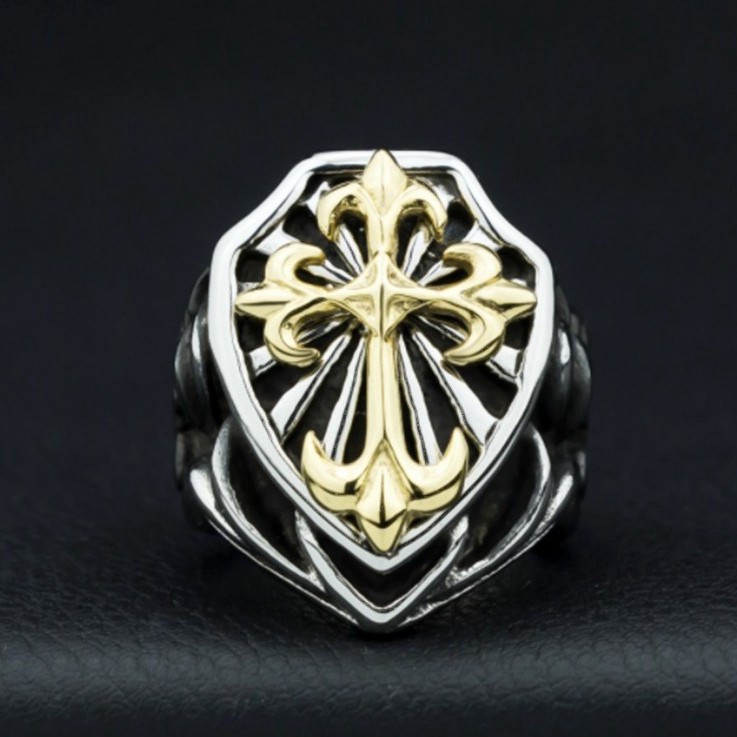 SEUSUK  Vintage Fashion Mens Personality Fashion Carve Knights Cross Shield Ring COD