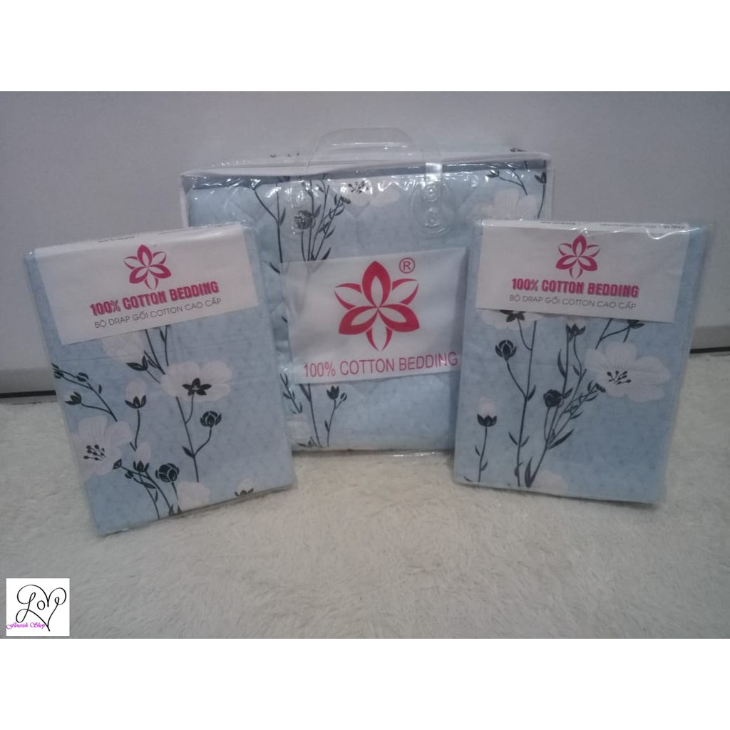 IMPORT SPREI BED COVER SINGLE 100% KATUN MOTIF BUNGA BIRU UKURAN 100 X 200 X 18 CM
