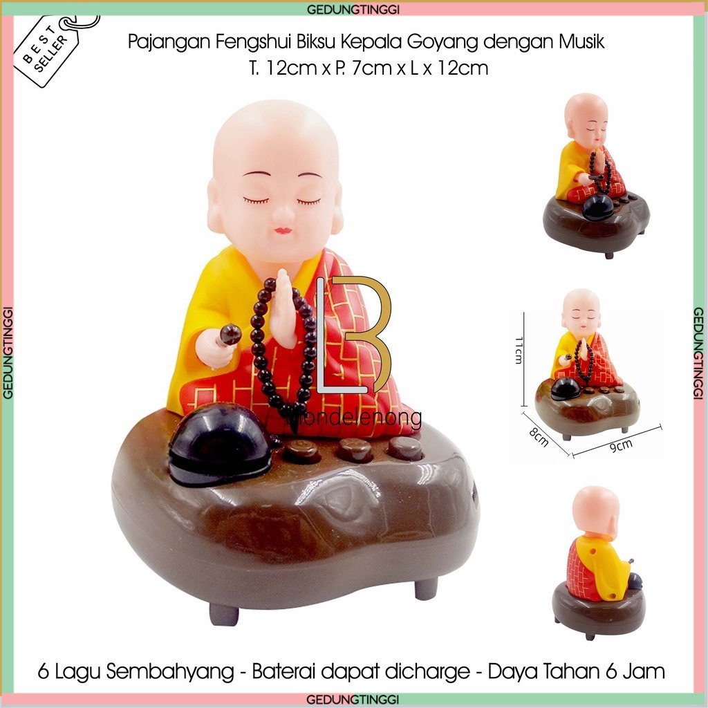 Patung Pajangan Hiasan Biksu Monk Buddha Budha Gerak Goyang Dashboard Mobil Solar Cahaya Radio Lagu Audio Tape Musik Music Player Altar Doa Sembahyang Sembayang Meditasi Matra Buddha Budha Liam Keng Da Bei Zhouw Tapeicou Tai Pe Chouw Amitofo Baterai Batre