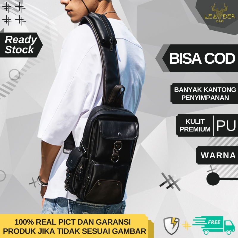 Tas Selempang Pria Distro Waterproof Bahan Kulit Berkualitas Model Terbaru Warna Hitam Original / Slingbag Kulit Cowok Distro Ori Keren Anti Air Motif Simpel / Tas Slempang Original Kulit Cowok Import Murah Berkualitas GALAXI C07
