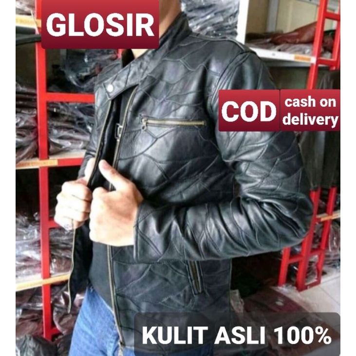 Jaket Kulit Asli Domba Motif Sambungan Jaket klasik Jaket motor New Elegant Jaket Asli Motif batik