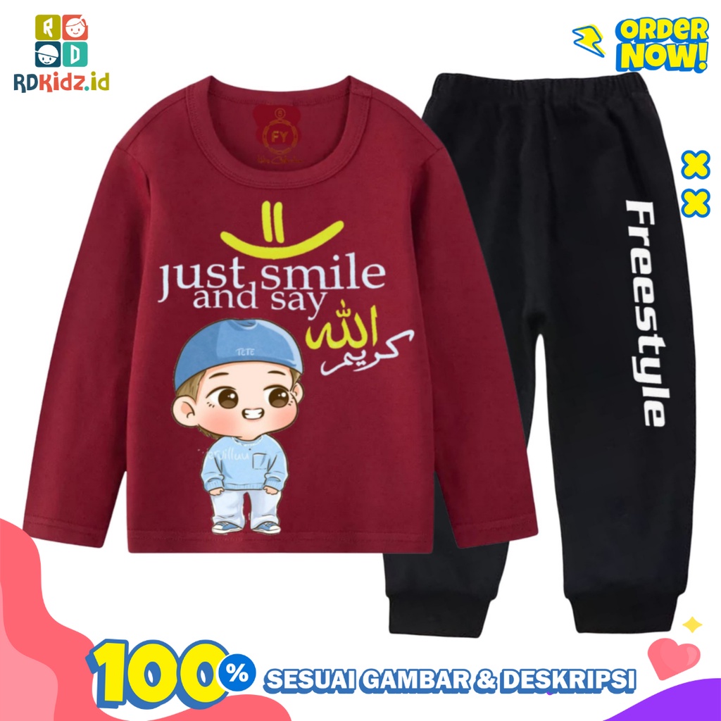 Rdkidzid Setelan Lengan Panjang Anak Laki Laki Set Panjang Anak Cowok Motif Smile Maroon