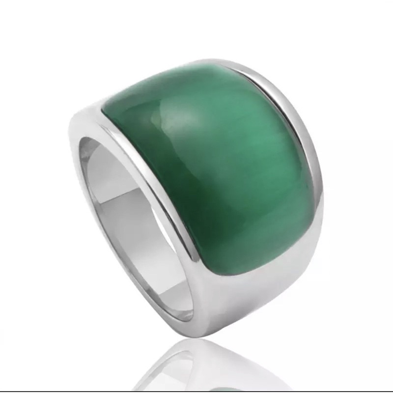 Cincin Opal Hijau Giok Cat Eye Ring Titanium Stainless Steel Anti Luntur dan Tahan Karat