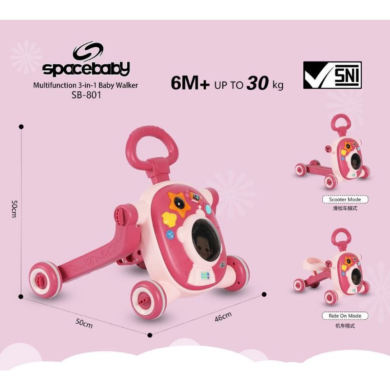 SpaceBaby Multifunction 3 in 1 Baby Walker Space Baby SB 801 / Alat Belajar Jalan Dorongan Skuter