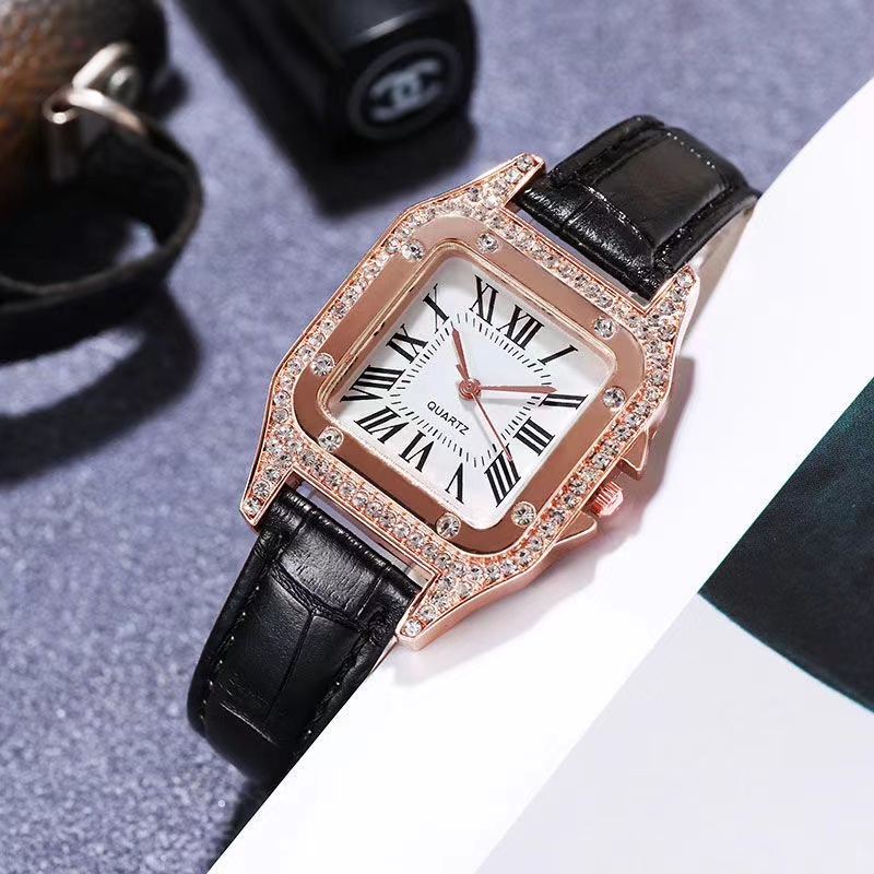 Rowling (Jam-24) Jam Tangan Wanita Kotak K.U.D.I Jam Tangan Wanita Quartz dengan Strap kulit Sintetis Romawi Import TANPA ACCESORIS