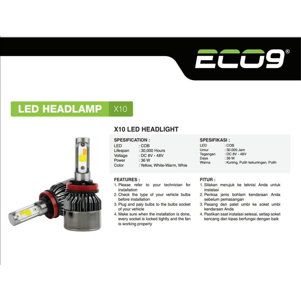 ECO9 X10 LAMPU DEPAN LED H4 MOBIL 3 WARNA HEADLAMP HI-LOW GARANSI