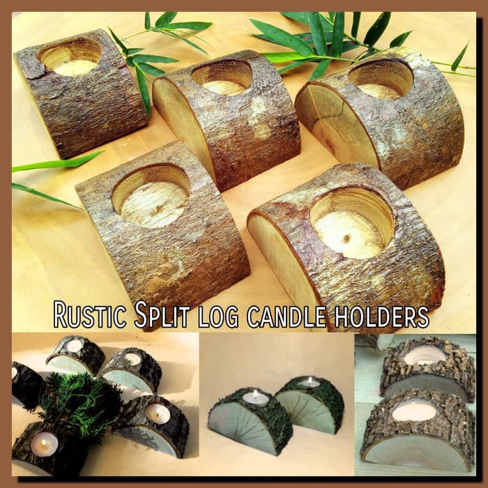 Rustic Split log candle holders tea light tempat lilin kayu elektrik