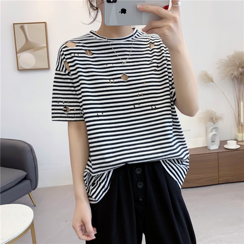 IBS-07 high quality import ripped strip blouse shirt wanita korea jepang