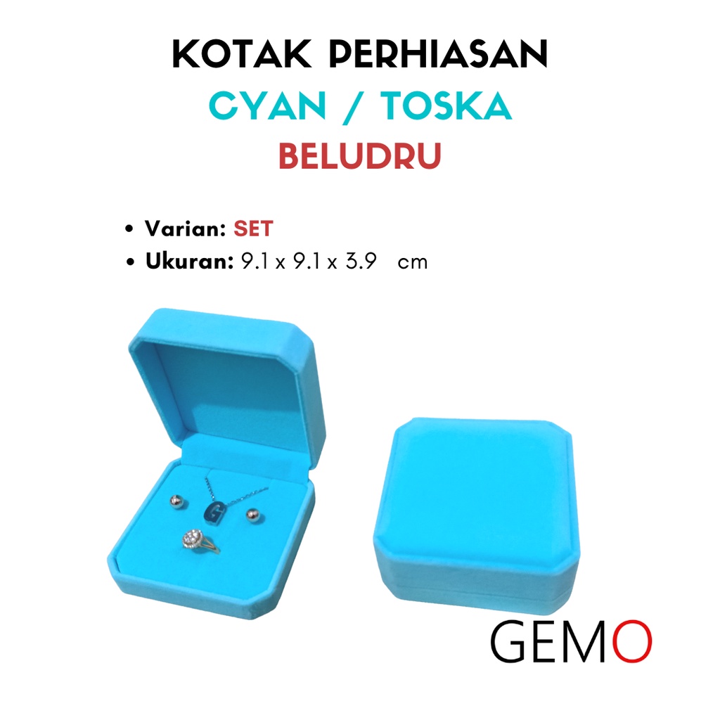 Kotak Perhiasan Warna Toska / Cyan Beludru Set / Cincin / Liontin / Gelang / Kalung Koye / Jewelry Box Unik Lucu untuk Tempat Wadah Seserahan / Akad Pernikahan / Hantaran Tunangan Harga Paling Murah cocok untuk Aksesoris Emas Berlian/ Perak Permata