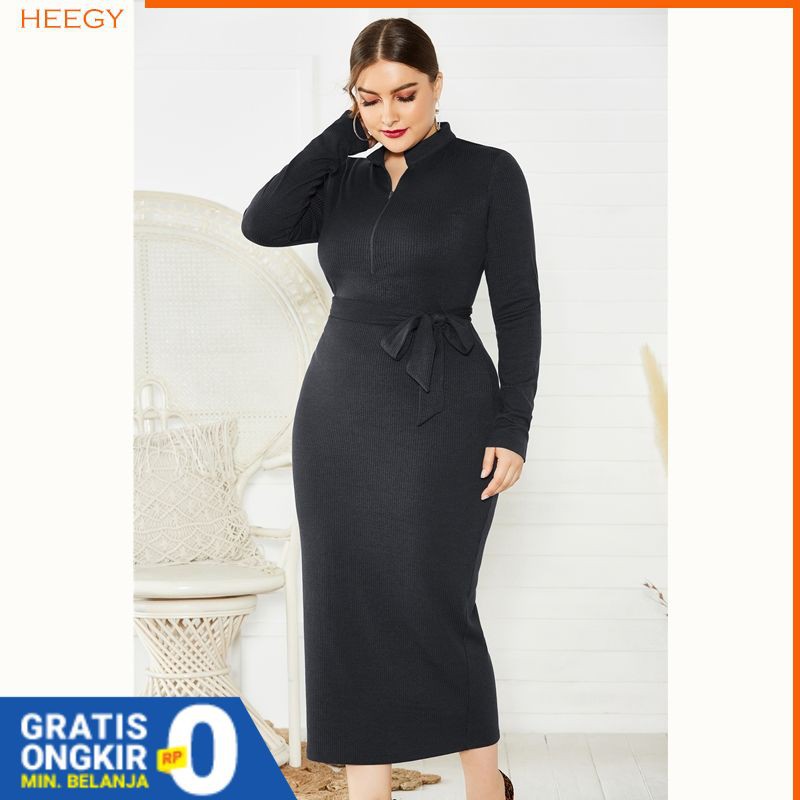 Dress Jumbo Bodycon Lengan Panjang Kerah Tinggi Bahan Rajut XL-5XL - Baju Big Size Wanita