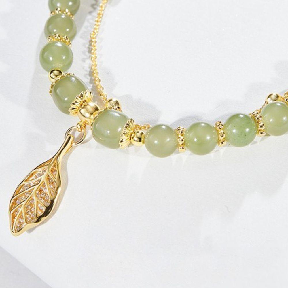 NEEDWAY Gelang Giok Handmade Perhiasan Hadiah Pacar Aksesoris Pakaian Manik Giok Aprikot Daun Alloy Gaya Korea Bracelet