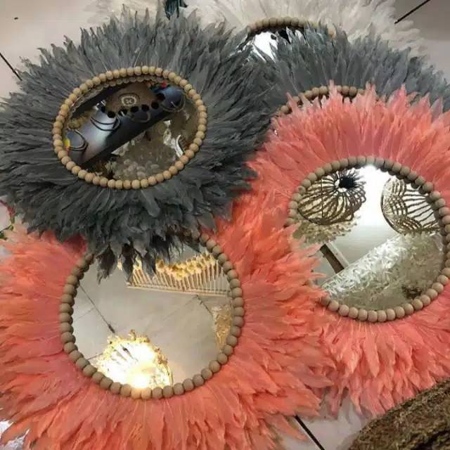 FREE PAKING KAYU Dekorasi Hiasan Dinding Rumah Kamar Ruang Tamu jujuhat Bulu Cermin Size 60cm