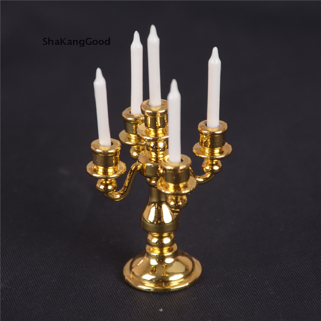 Skid Mainan Miniatur Candelabra Emas + 5 Lilin Putih Skala 1: 12 Untuk Dekorasi Rumah Boneka