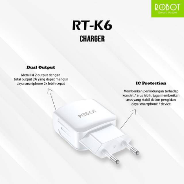 Robot RT-K6 RT K6 Charger 2.4A Adapter Adaptor Dual Output USB Eceran