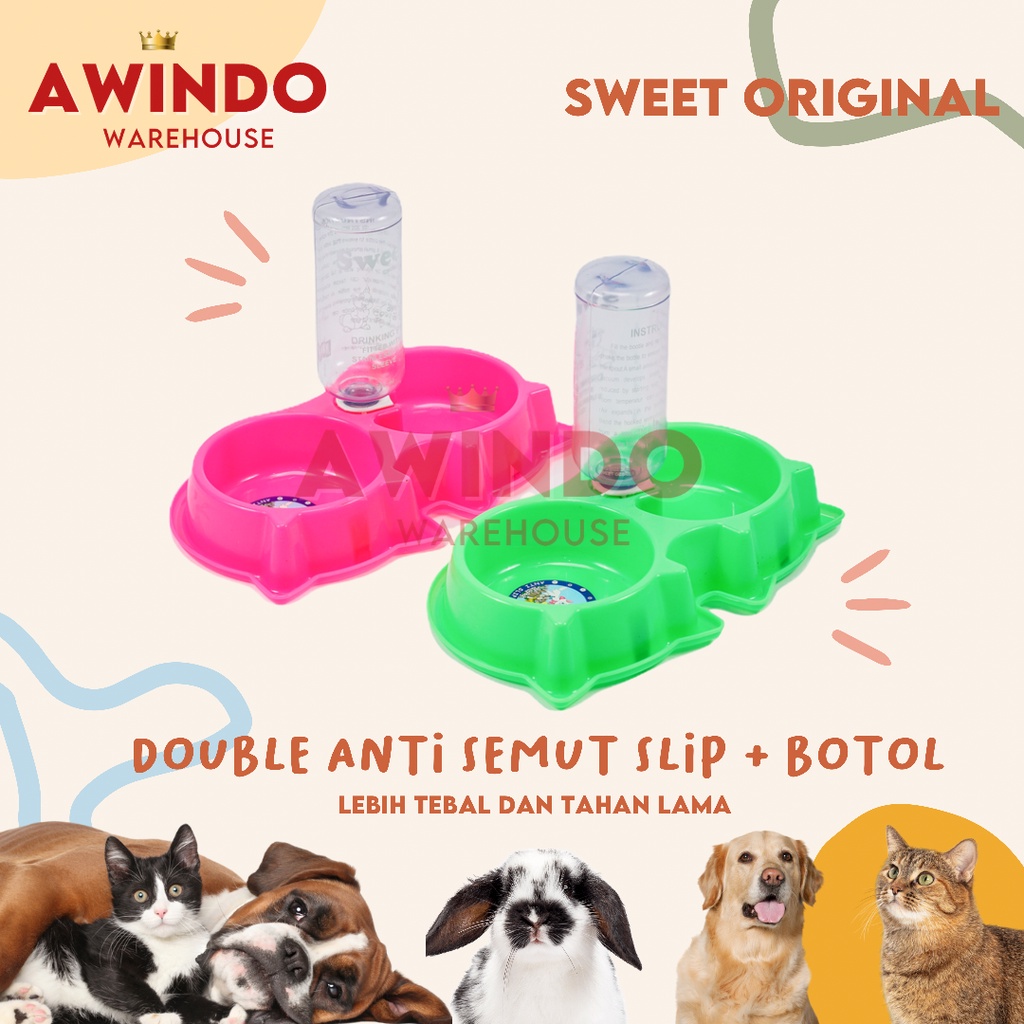 TEMPAT PIRING MAKAN MINUM ANJING KUCING ANTI SLIP BENTUK KUCING BOTOL