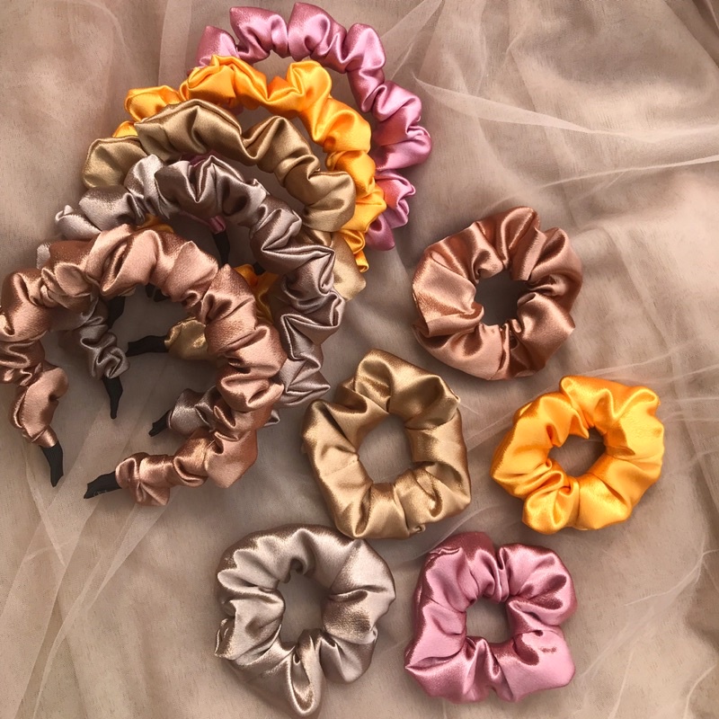 HEADBAND SCRUNCHIE GLOSSY SATEEN SILK PREMIUM GAYA KOREA