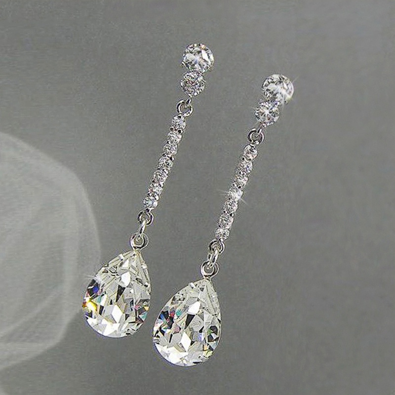 Anting Juntai Bentuk Water Drop Cubic Zirconia Kristal Warna Silver Untuk Wanita