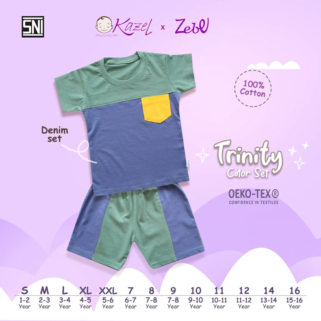 Kazel Zebe Trinity Color Set Baju Setelan Pendek Playset Anak Pocket 3 Warna Unisex Edition