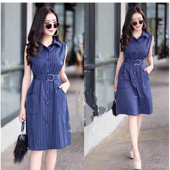 Midi Dress SHIREN Import Dress blezer wanita katun stripe navy Lengan pendek