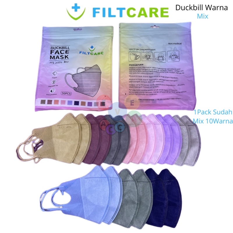 MASKER DUCKBILL FILTCARE WARNA  WARNI 3PLY ISI 50PCS PREMIUM QUALITY 3D / MASKER DUCKBILL MIX WARNA