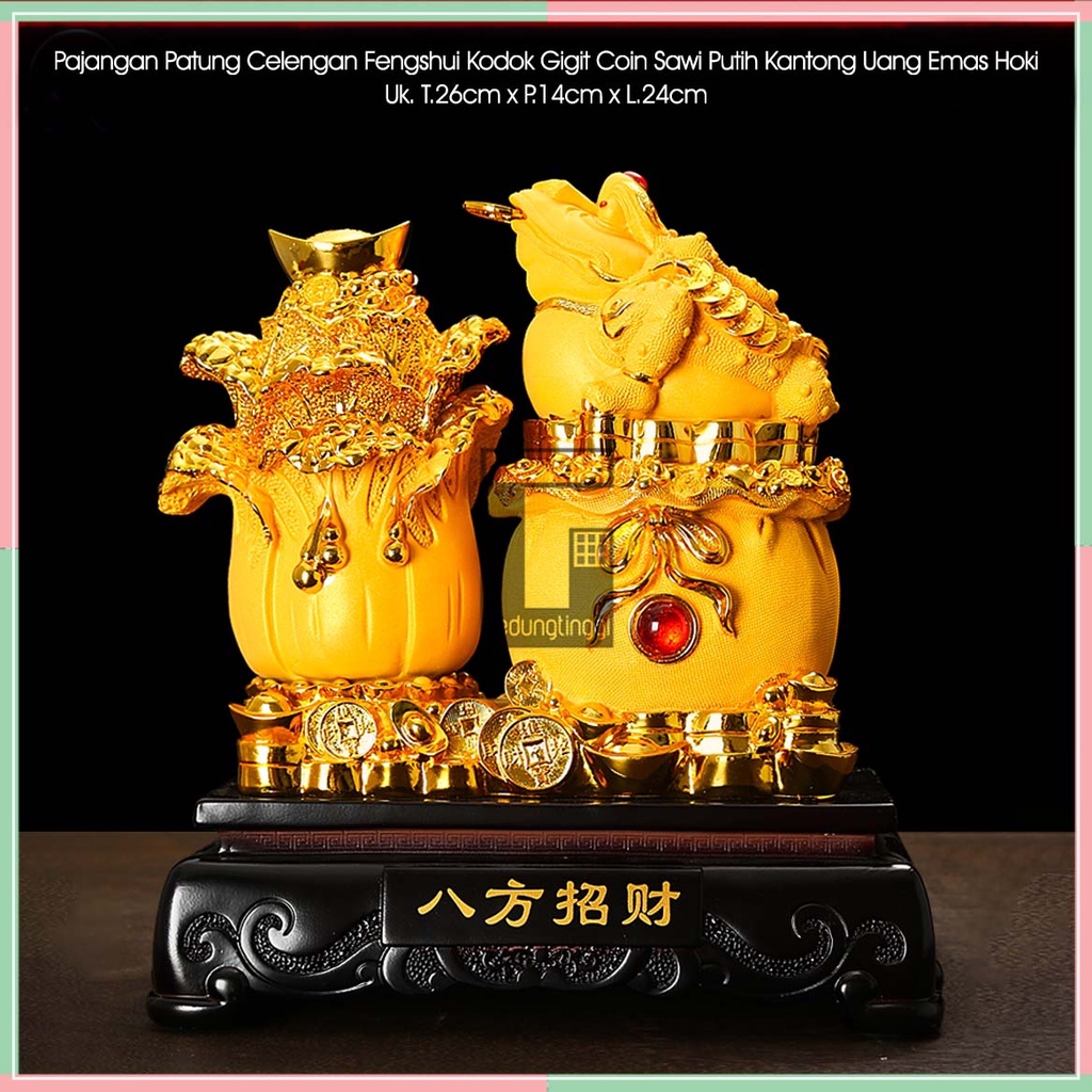 Patung Pajangan Celengan Target Atm Karakter Hadiah Kado Imlek Katak Kodok Cancu Chancu Canchu Gigit Sawi Putih Baicai Baichai Bhaicai Fengshui Hoki Buka Tutup Yuanbao Kantong Tempat Tong Duit Uang Koin Coin Kertas Emas Gold Ukuran Size Anak Kecil Besar