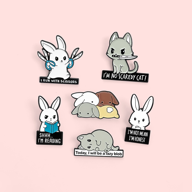 Bros Pin Enamel Bentuk Kartun Hewan Kucing Kelinci Untuk Jaket Denim