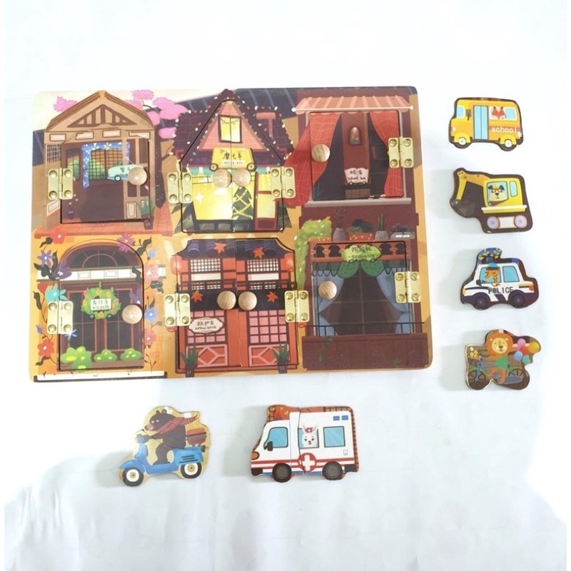 wooden chunky puzzle with door jingsaw kayu mainan edukasi anak