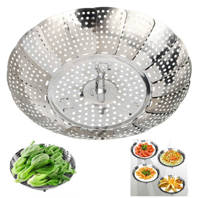 Keranjang Steamer Makanan/Panci Jaring Kukus Ikan Telur Lipat Yang Dapat Ditarik/Tempat Penyimpanan Rak Makanan Kukus Bun Stainless Steel/Expandable Mesh Steamer Cookware Alat Dapur