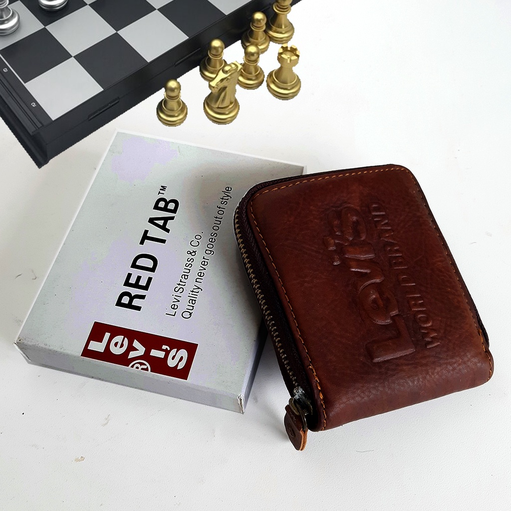 Dompet Pria kulit Asli Resleting Branded Coklat Hitam