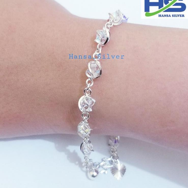 Harga Murah.. Gelang Perak Asli Tangan Wanita Silver 925 Lapis Emas Putih Batu Kristal Putih