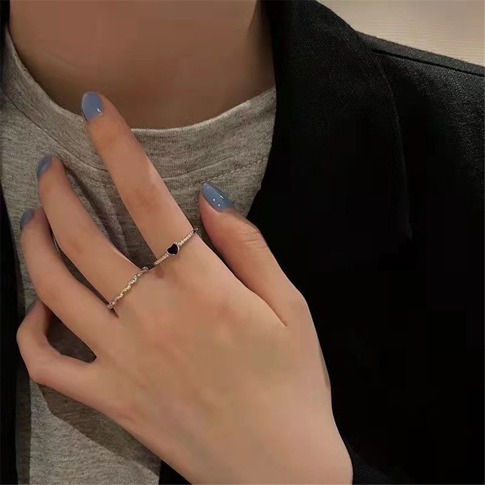 2pcs Cincin Jari Telunjuk Desain Hati Aksen Zirkon Untuk Wanita